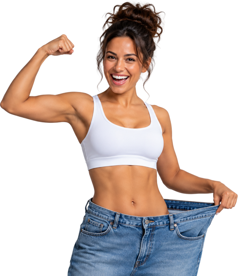 Woman flexing her arm, holding out the waist of her old, oversized jeans